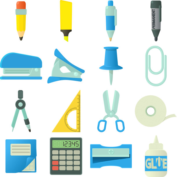 文具图标设置卡通风格图片下载