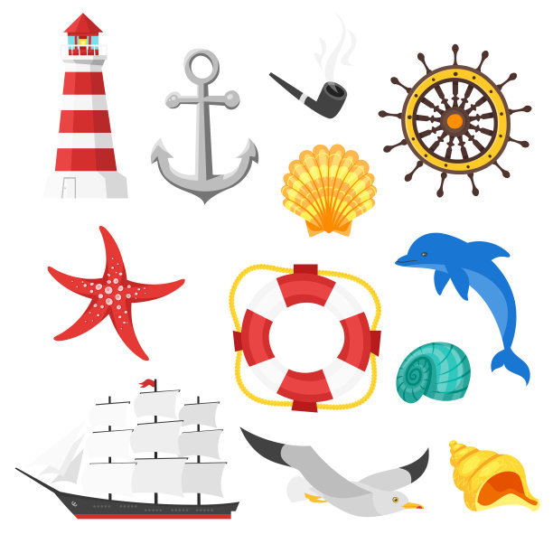 卡通风格的海洋物体集图片下载