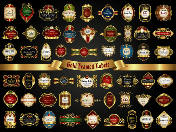 大量彩色的金色框标签图片下载
