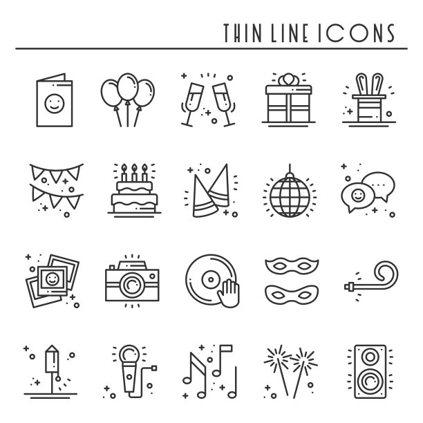 派对庆祝细线图标设定生日图片下载