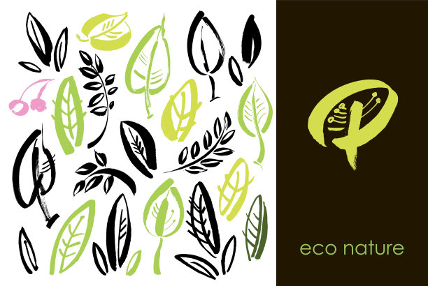 一套手绘树叶和绿叶素描图片下载