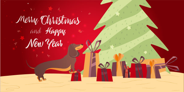 狗在装饰松树的客厅里图片下载