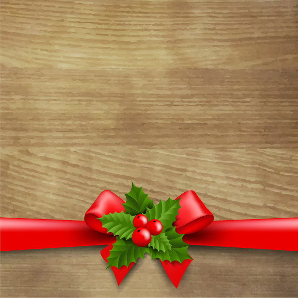 木制背景与红丝带和冬青浆果图片下载