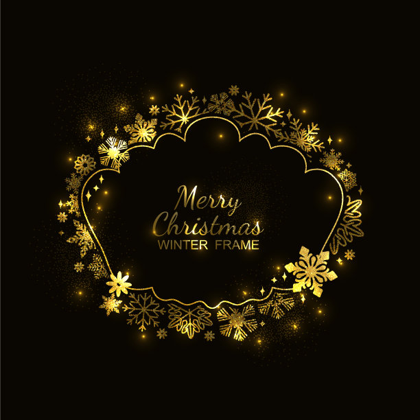 金色雪花框黑色背景圣诞图片下载