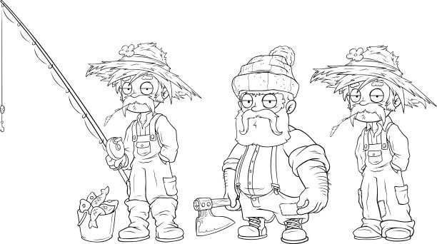 卡通渔夫，农民，伐木工角色设置图片下载