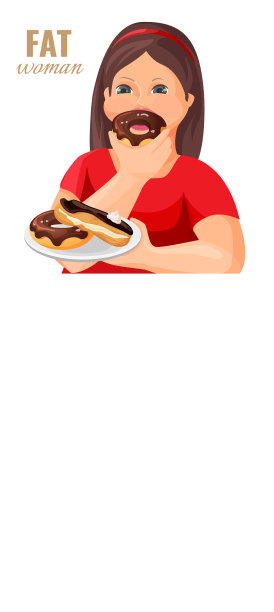 胖女人吃甜甜圈和覆盖着蛋糕图片下载