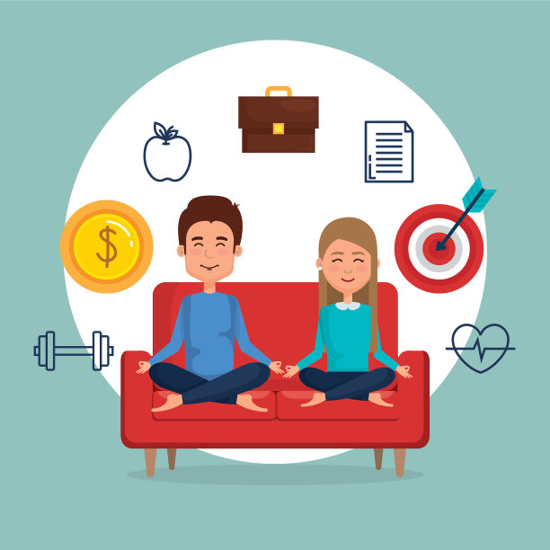 一对年轻夫妇在沙发上练习瑜伽图片下载