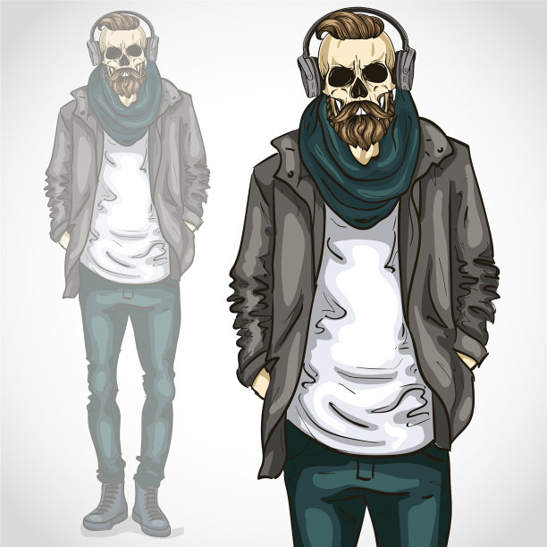 骷髅头，大胡子还有小胡子的男人图片下载