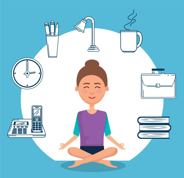 年轻女子练习瑜伽与设置图标图片下载