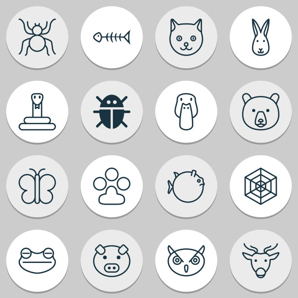 自然图标设置与鱼，骨头，鹿，猫头鹰和图片下载