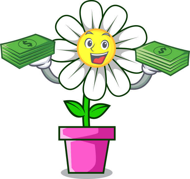 带钱袋的雏菊花卡通吉祥物图片下载