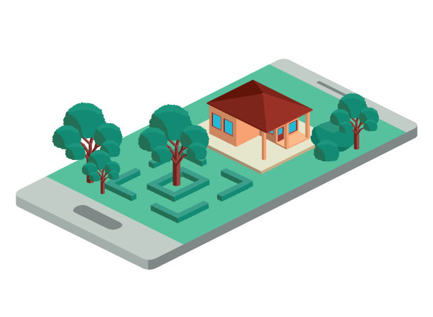 智能手机上的建筑和树木等距场景图片下载