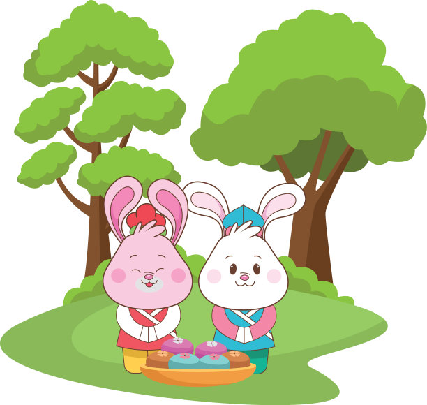 中秋兔子夫妇吃食物卡通图片下载