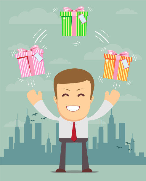 快乐的男人用弓杂耍礼盒素材图片