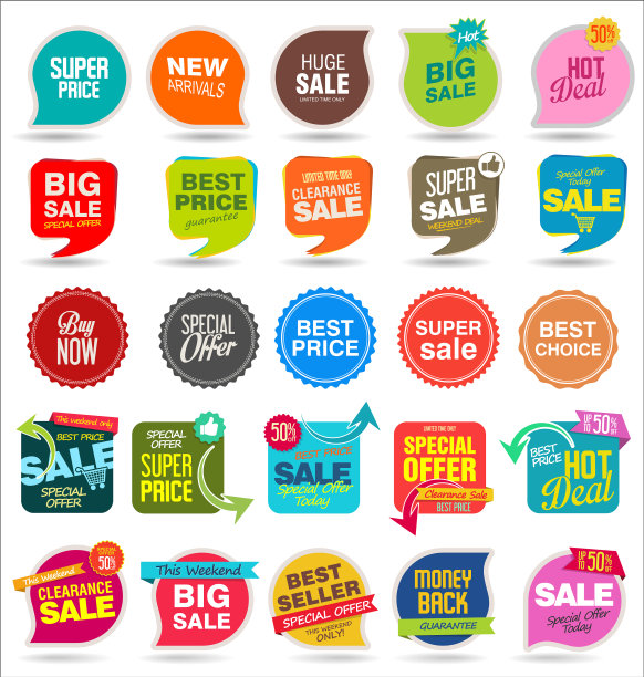 现代销售贴纸和标签丰富多彩的收藏图片下载