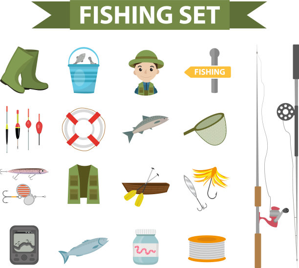 钓鱼图标设置平面卡通渔业风格图片下载
