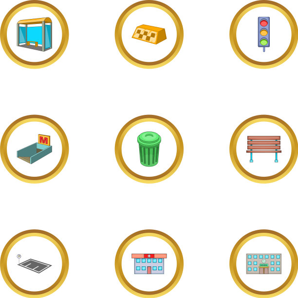 城市元素图标设置卡通风格图片下载