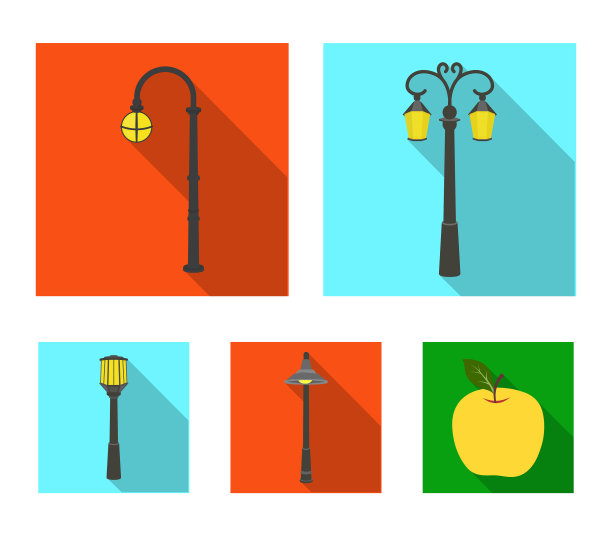 灯柱中有复古风格的现代灯笼和火把图片下载