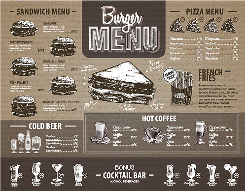 老式汉堡菜单设计在纸板快餐图片下载