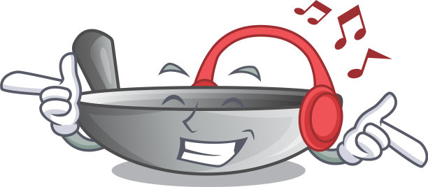 听音乐的卡通炒锅上的厨房用具图片下载