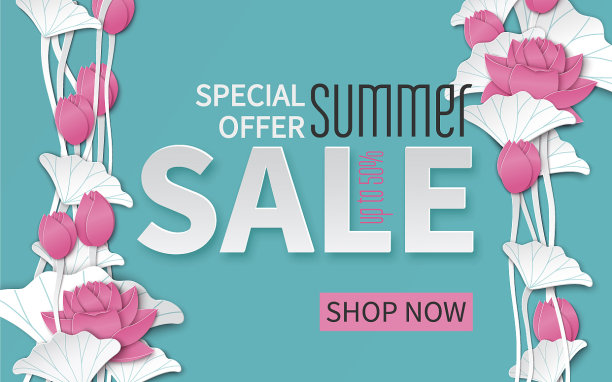 印有剪纸荷花的夏季促销横幅图片下载
