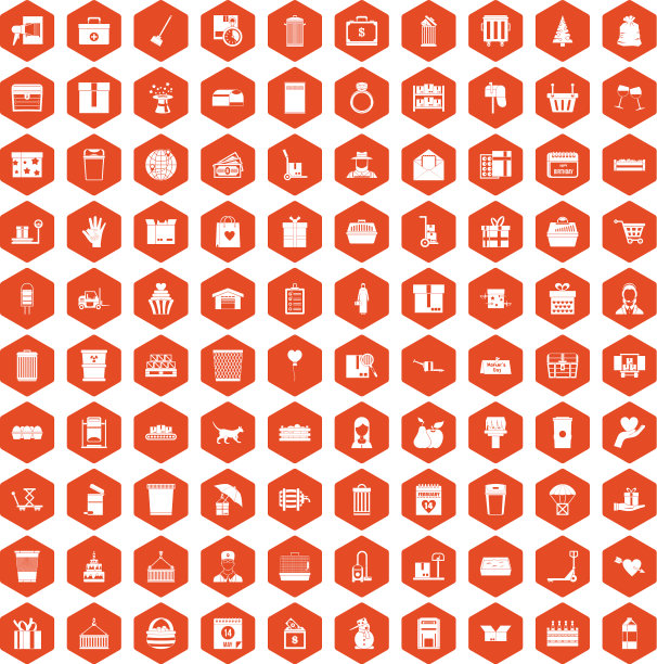 100方框图标六角形橙色图片下载