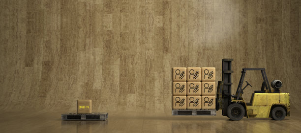 带有木箱和疫苗接种图标的叉车- 3D渲染图图片下载