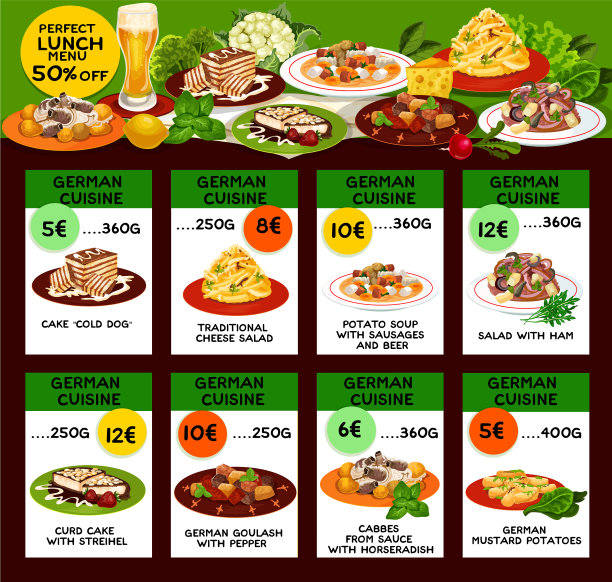 德国菜菜单与价格和半价折扣图片下载