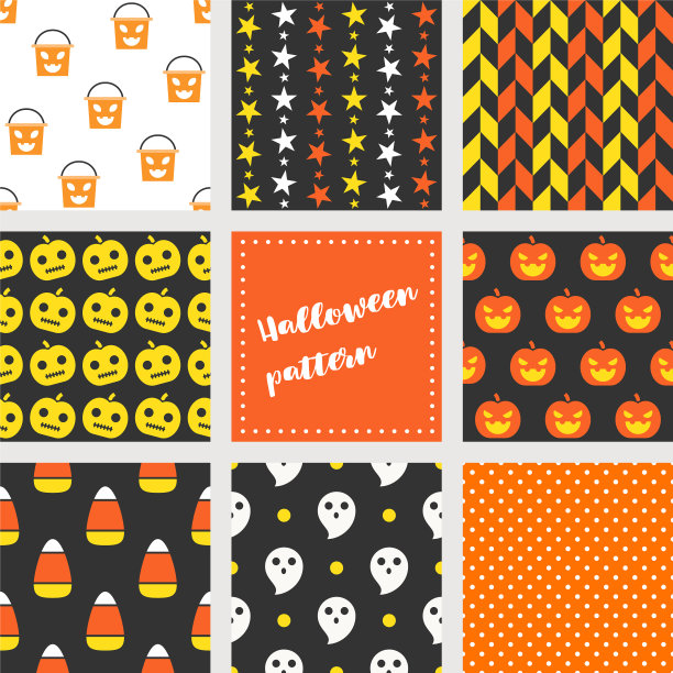 套万圣节无缝图案平面设计图片下载