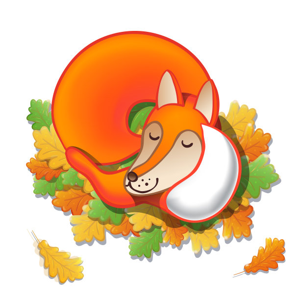 可爱的卡通狐狸睡在橡树叶上晚安图片下载