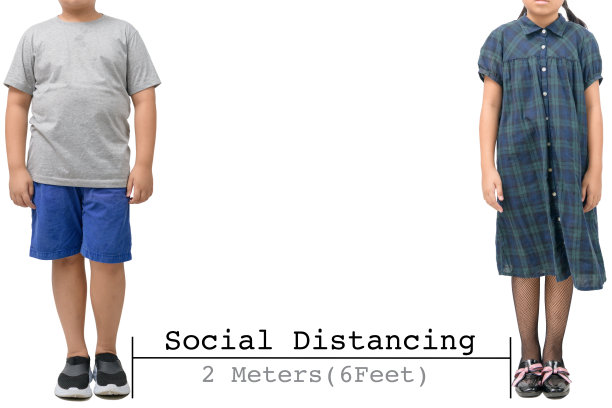 两个人站在“社交距离”这个词之间，概念孤立图片下载