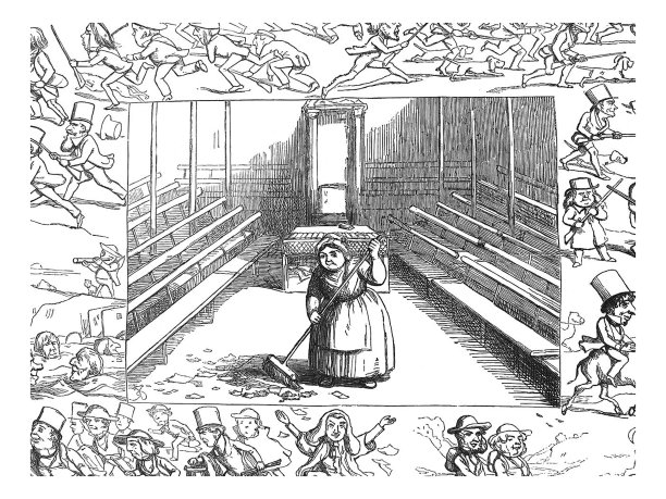 英国讽刺漫画漫画漫画插图-女人扫一个空的政府大厅与图片的政府周围的边缘图片下载