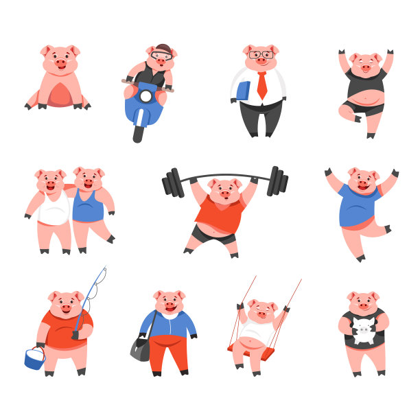 卡通可爱有趣的猪在人类的生活图片下载