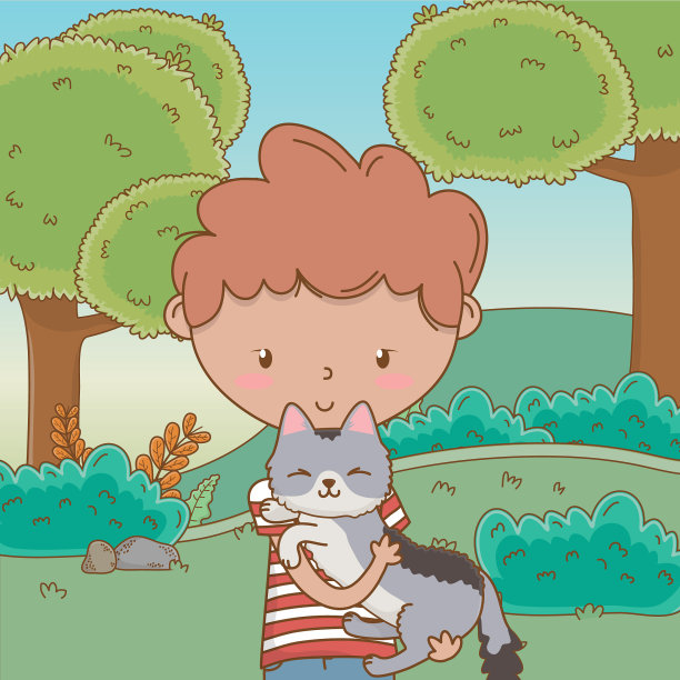 男孩与猫卡通设计图片下载