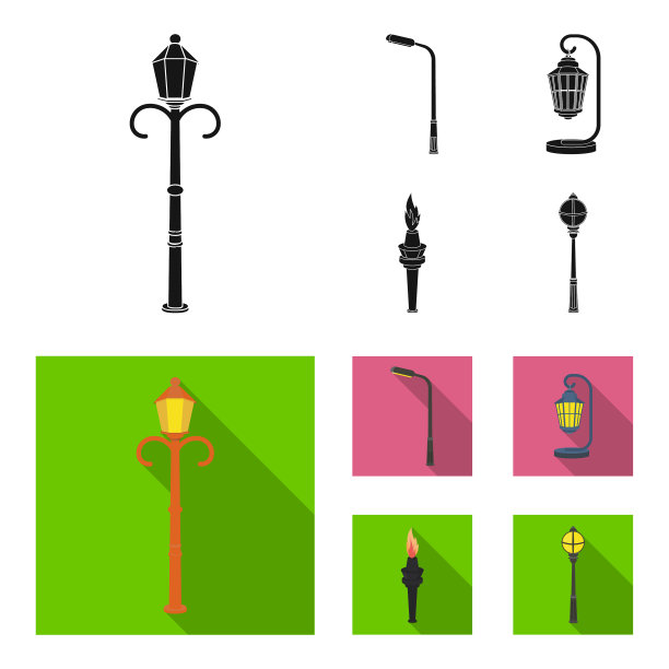 灯柱中有复古风格的现代灯笼和火把图片下载
