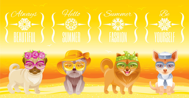 夏季时尚小狗狗的图标设置在甜美的复古图片下载