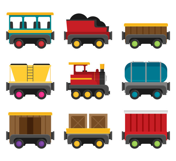 彩色车厢的火车平风格集图片下载