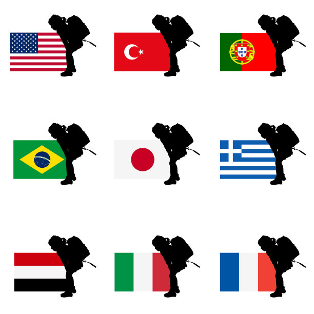 儿童剪影姿势与世界国旗设置图片下载