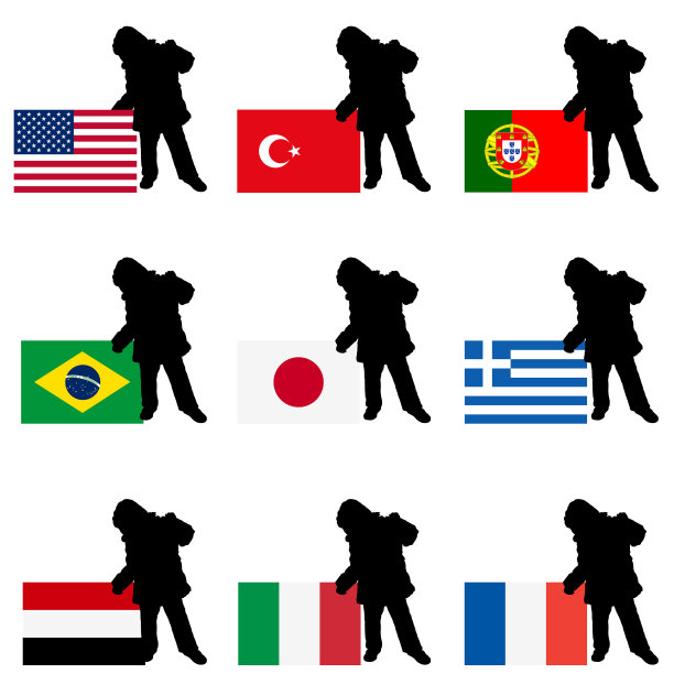 儿童剪影与世界国旗设置图片下载