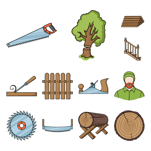 锯木厂和木材卡通图标在集合图片下载