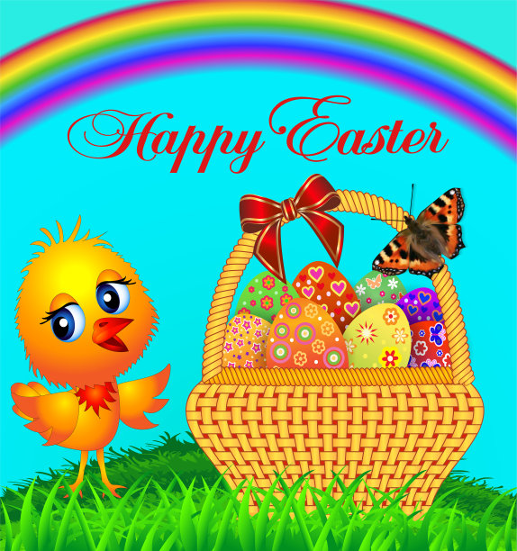 彩绘蛋和鸡的节日篮子图片下载