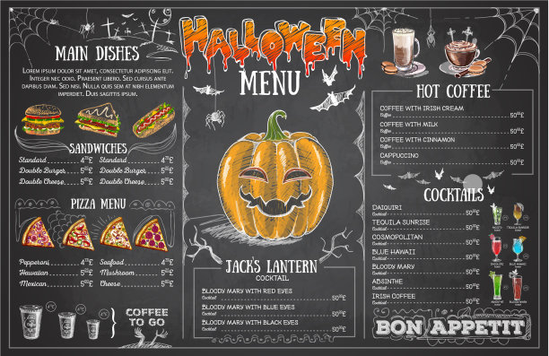 复古粉笔画万圣节菜单设计图片下载