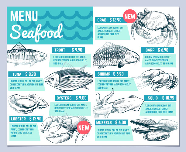 鱼餐厅菜单手绘鱼龙虾和图片下载