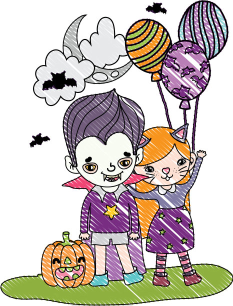 磨碎的男孩和女孩服装，还有气球图片下载