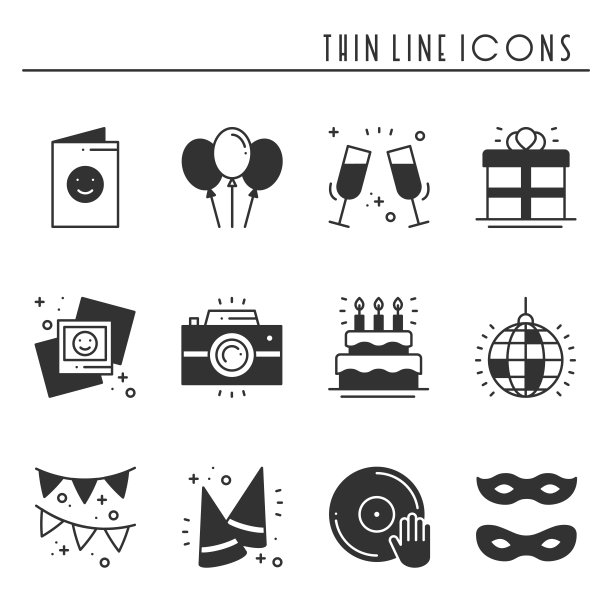 派对庆祝细线图标设定生日图片下载