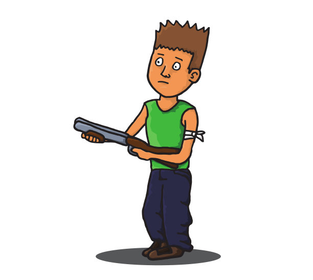 受惊的男孩拿着枪慢慢地走着图片下载