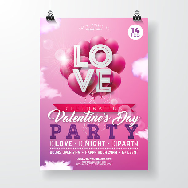 情人节派对传单设计与红色听到图片下载