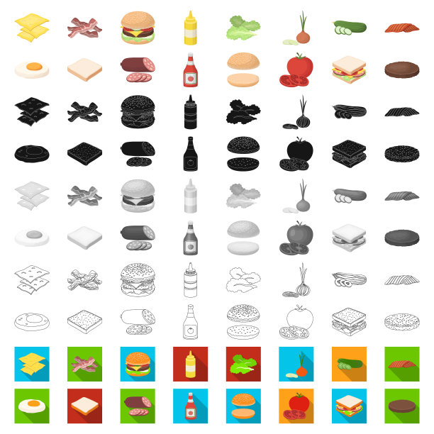 汉堡和配料卡通图标设置图片下载