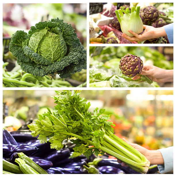 用在超市选菜的女手拼贴。健康食品的概念，生物，素食，饮食图片下载
