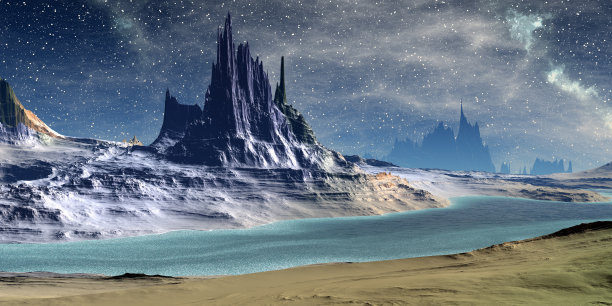 外星人的星球。山和湖。三维渲染图片下载